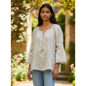 Karyn Seo Tunic Top Linen Embroidered Beige Cream Renfaire Cottagecore Boho M